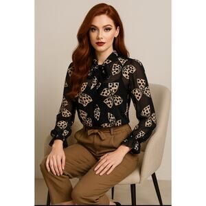 Milly New York Silk Bow Blouse Women’s 2 Sheer Tie-Neck Top Black & Cream Print